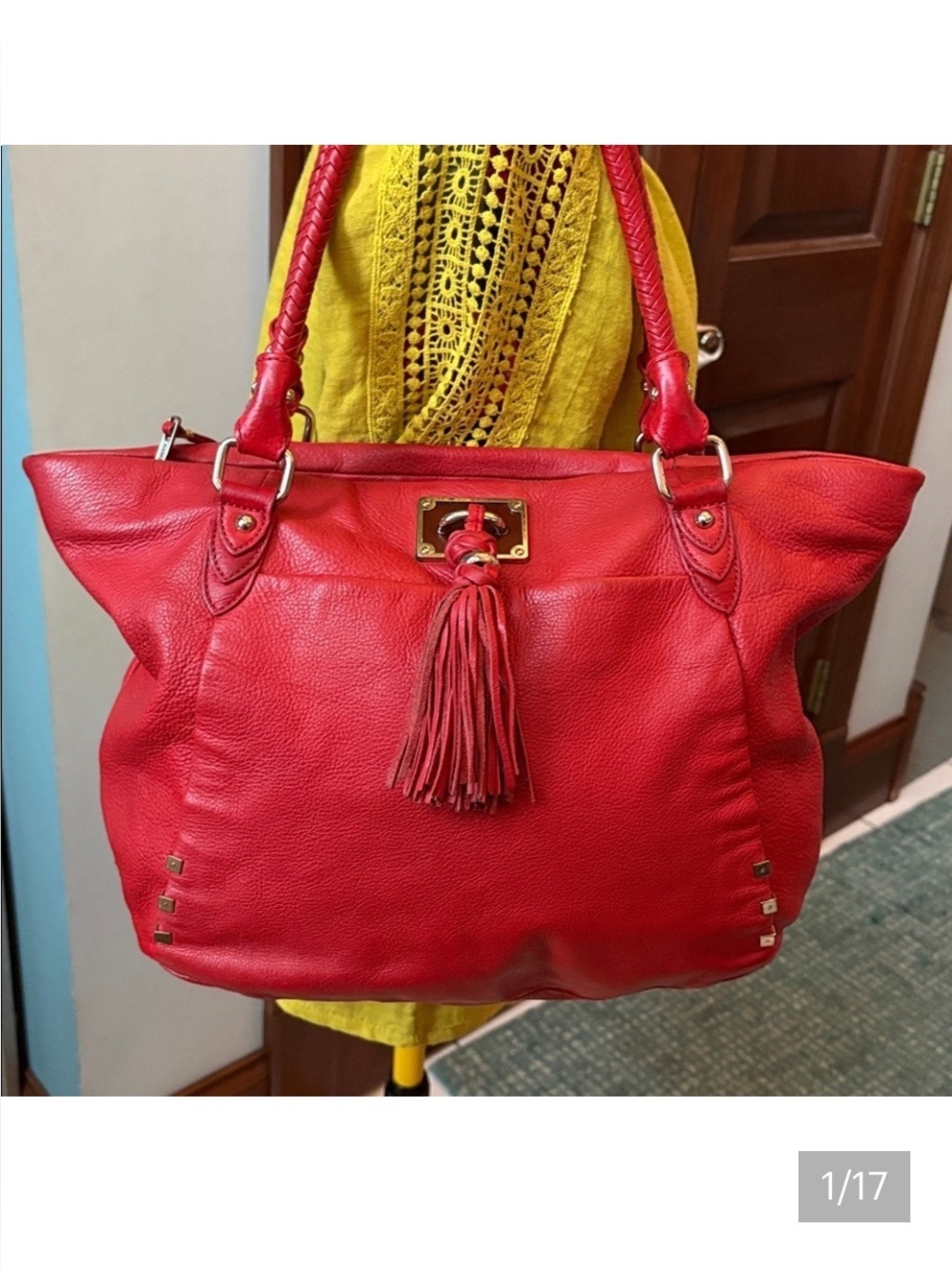 Elliott Lucca  shoulder Bag  pebbled leather Red  2 exterior slip pocket
Gold Hw